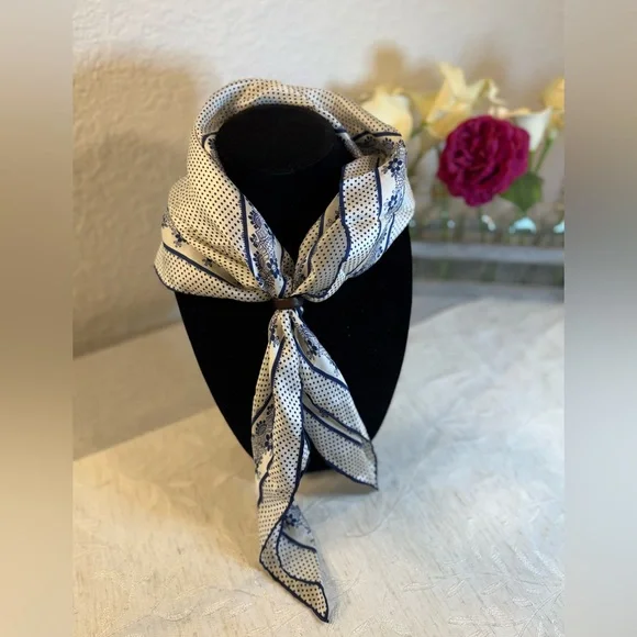 Vintage Anne Klein Silk Scarf Navy Blue Polka Dot Floral Lace Border 26" Square - Picture 2 of 14